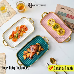 HCSTORE Piring Saji Persegi Panjang Gagang Gold Ukuran 30cm Hampers Keramik Kitchenware