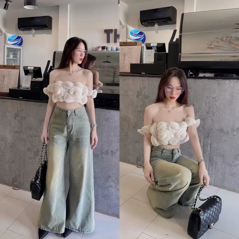 QUẦN JEAN SUÔNG LOE QC FROM BASIC  - Chất liệu : Jean - Màu Sắc : Xanh Bụi Women Nữ