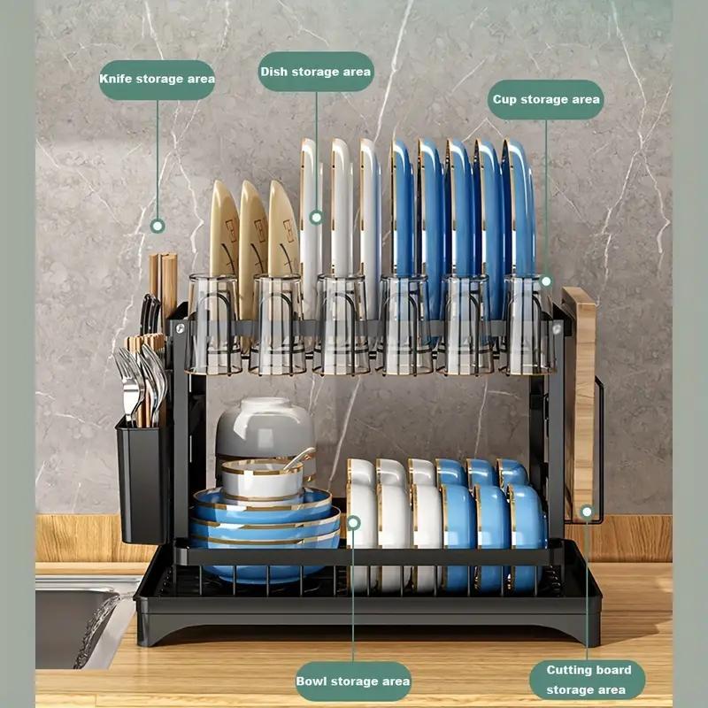 Product Introduction of 【】2-tier Dish Drying Rack, 1 Count Large Capacity Countertop Dish Storage Rack With Utensil Holder, Cutlery Rack With Drainboard, Kitchen Utensil Organizer, Kitchen Accessories 2
