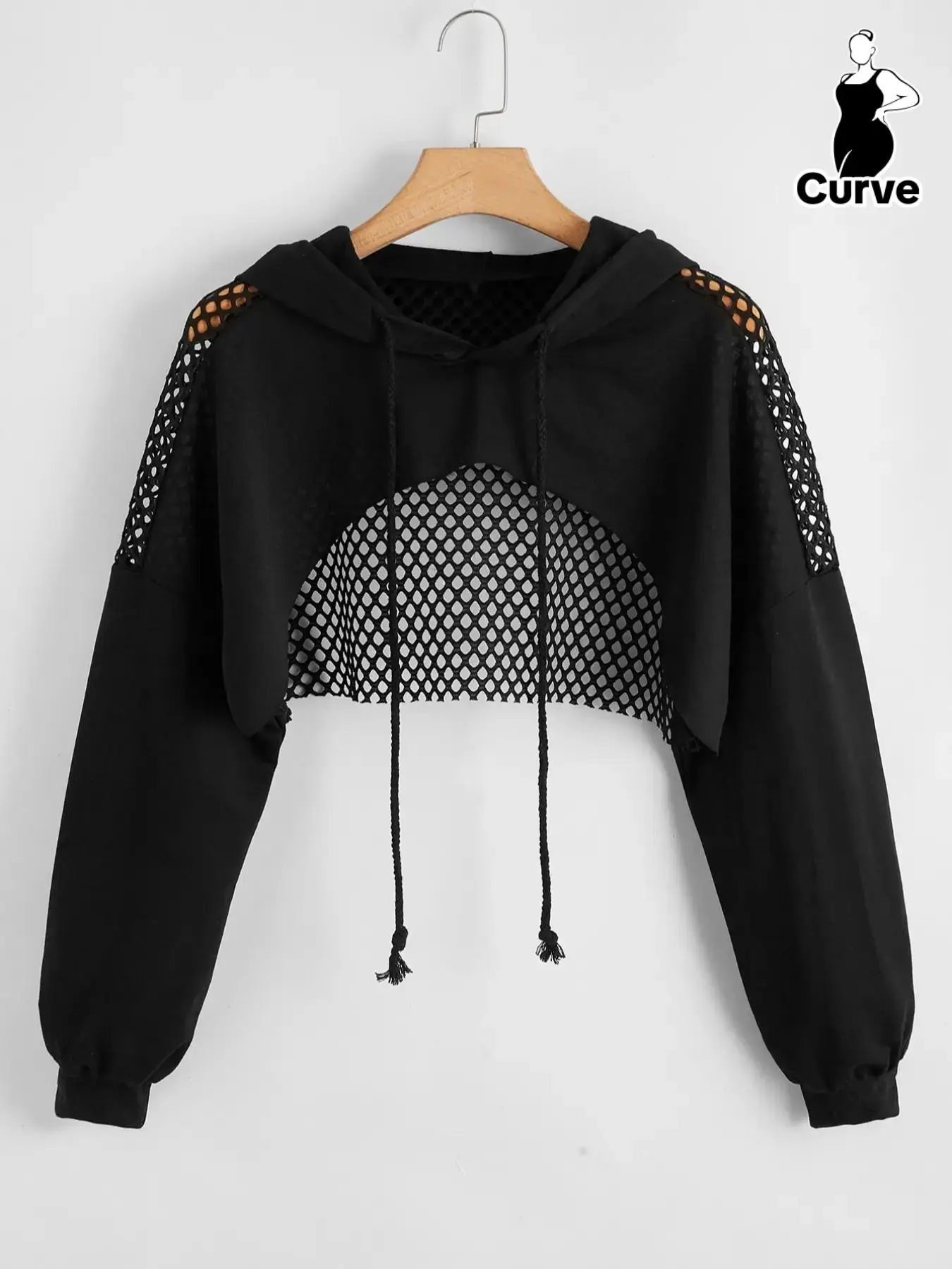 Plus Size Hollow Out Drawstring Raglan Sleeve Super Crop Hoodie, Casual High Low Long Sleeve Hooded Sweatshirt for Spring & Fall, Women's Plus Clothing for Daily Wear