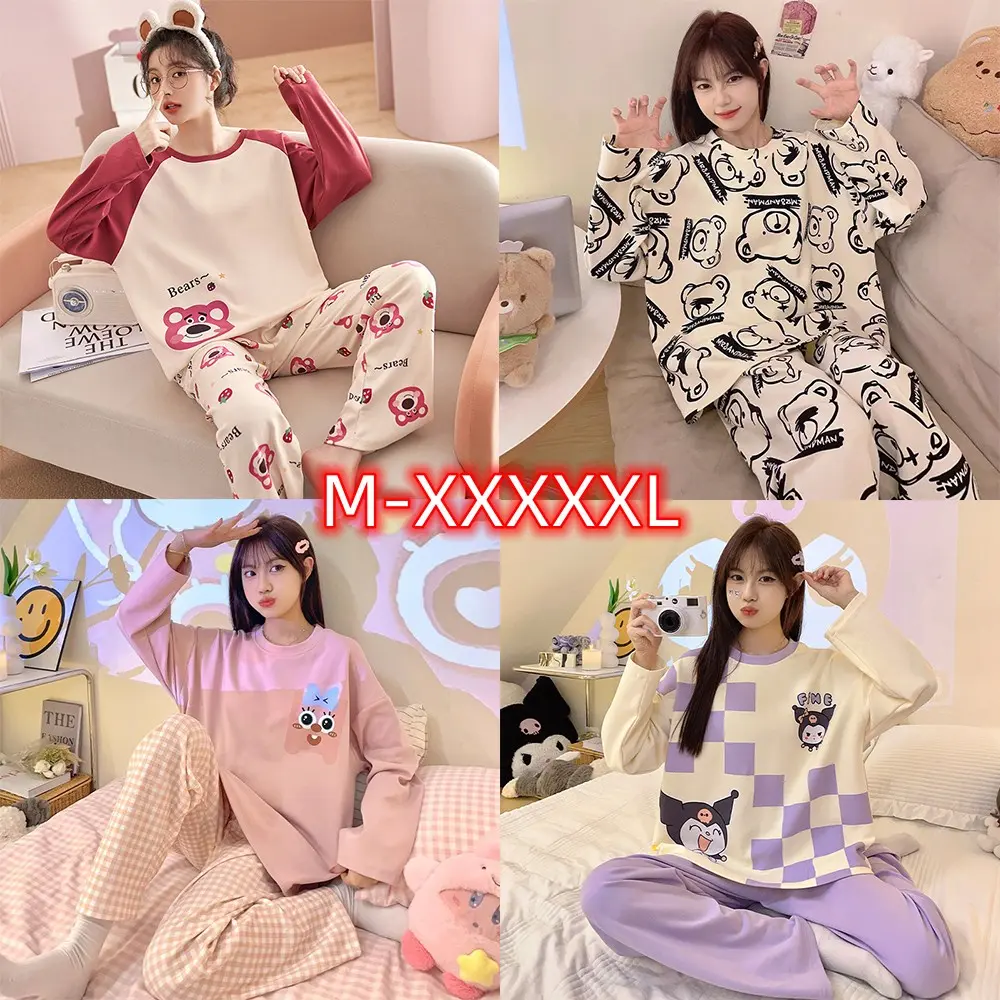 Quần áo gia đình cỡ lớn dành cho phụ nữ, Mthoải mái, đồ ngủ in hình hoạt hình, quần dài tay, bộ đồ ngủ