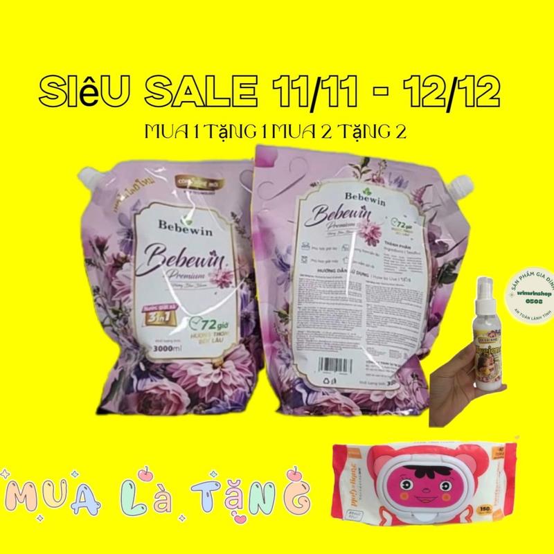 ￼[ ￼[Mua 2 tặng 2] Mua2  gói nước giặt Bebewin Premium 3kg tặng kèm 1 chai xịt vãi khô 100ml và gói khăn giấy ướt nuoc giat 0