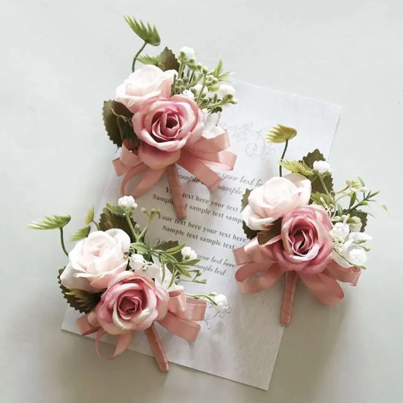 Simple Colorful Wedding Boutonnieres for Groom Pins Silk wers Bracelet Bangle Bride Corsage Wrist Party Decor damas de honor