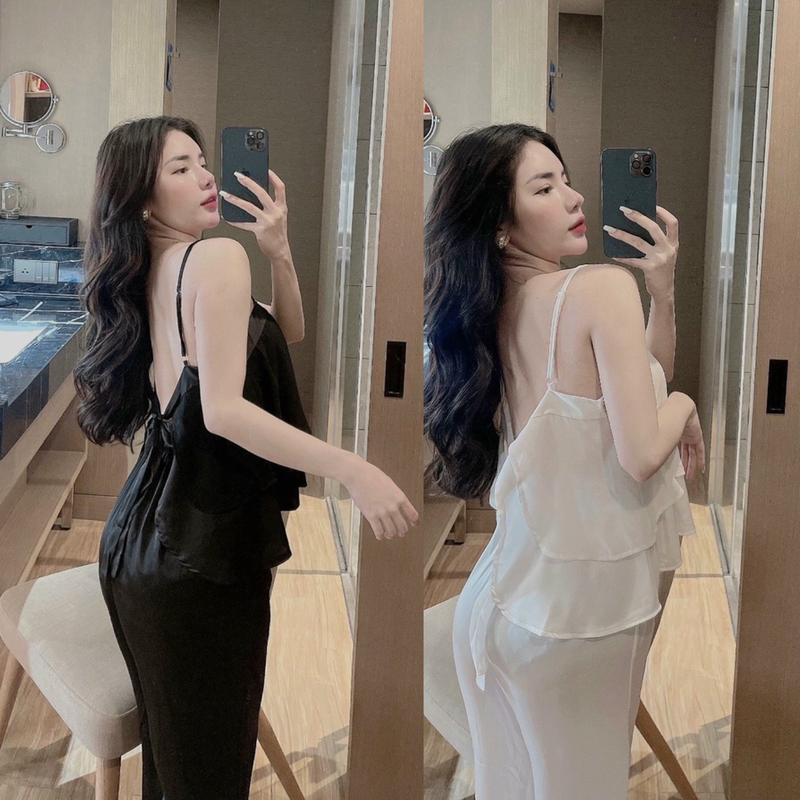 Set đồ ngủ nữ gồm áo 2 dây voan tầng & quần dài chất vải lụa latin sang chảnh Freesize 4O - 58 kg, đồ bộ 2 dây