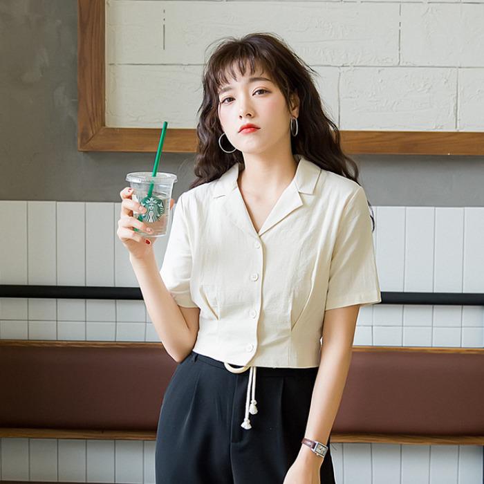 Áo sơ mi Nữ, croptop cổ vest xếp ly eo , áo sơ mi ngắn tay mặc đi chơi, đi học, đi làm, du lịch AC02