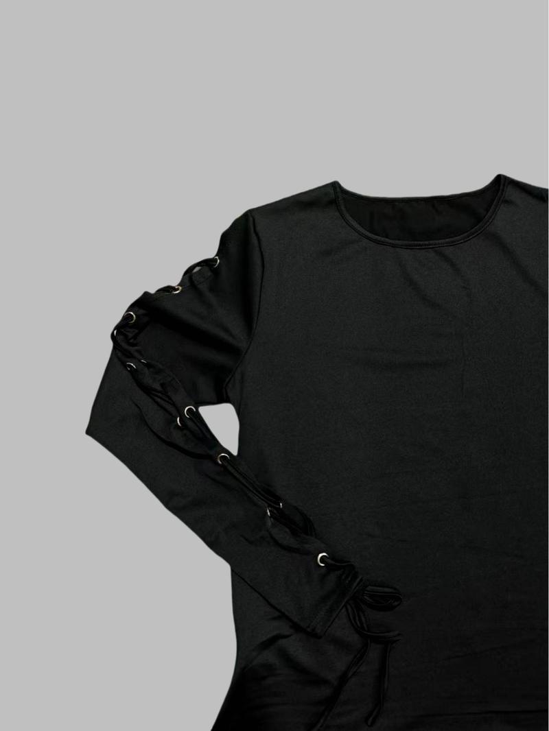 Product Introduction of Women's Solid Lace Up Sheer Tee, Fashion Casual Long Sleeve Round Neck T-shirt for Spring & Fall, Women's Top for Daily Wear 5