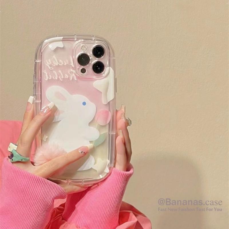 Cute Cartoon Teddy Rabbit Pattern Transparent Phone Case Compatible for iPhone 15 14 13 12 11 Pro Max X XR XS 8 7 Plus SE 3D Hairball Clear Soft Back Cover 4