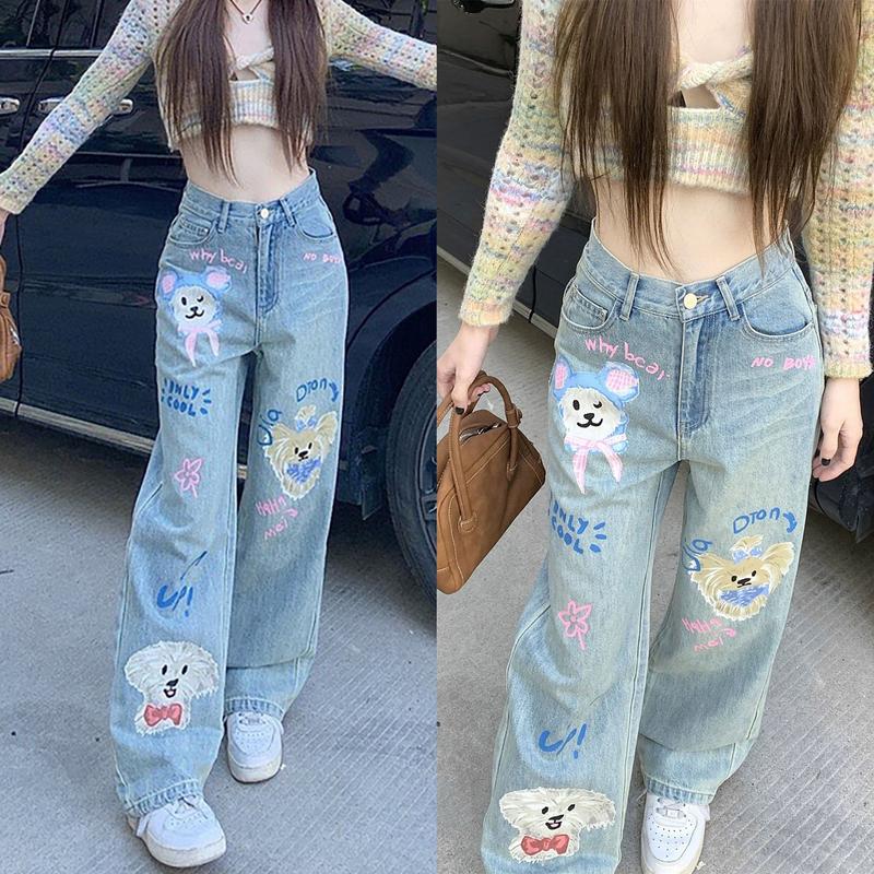 Quần Jean Suông Ống Rộng Bigsize In Họa Tiết Hoạt Hình Cún Cưng Đáng Yêu Cute Lưng Cao Phom Rộng Không Co Dãn Phong Cách Hàn Quốc 0101, Dài 103cm, Quần Jean Ống Rộng Wash Màu, Quần Bò Nữ Ống Rộng Dáng Xuông quần jeans Nữ Women Pants