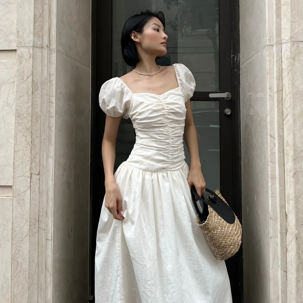 SAP-Đầm nhún linen form dài