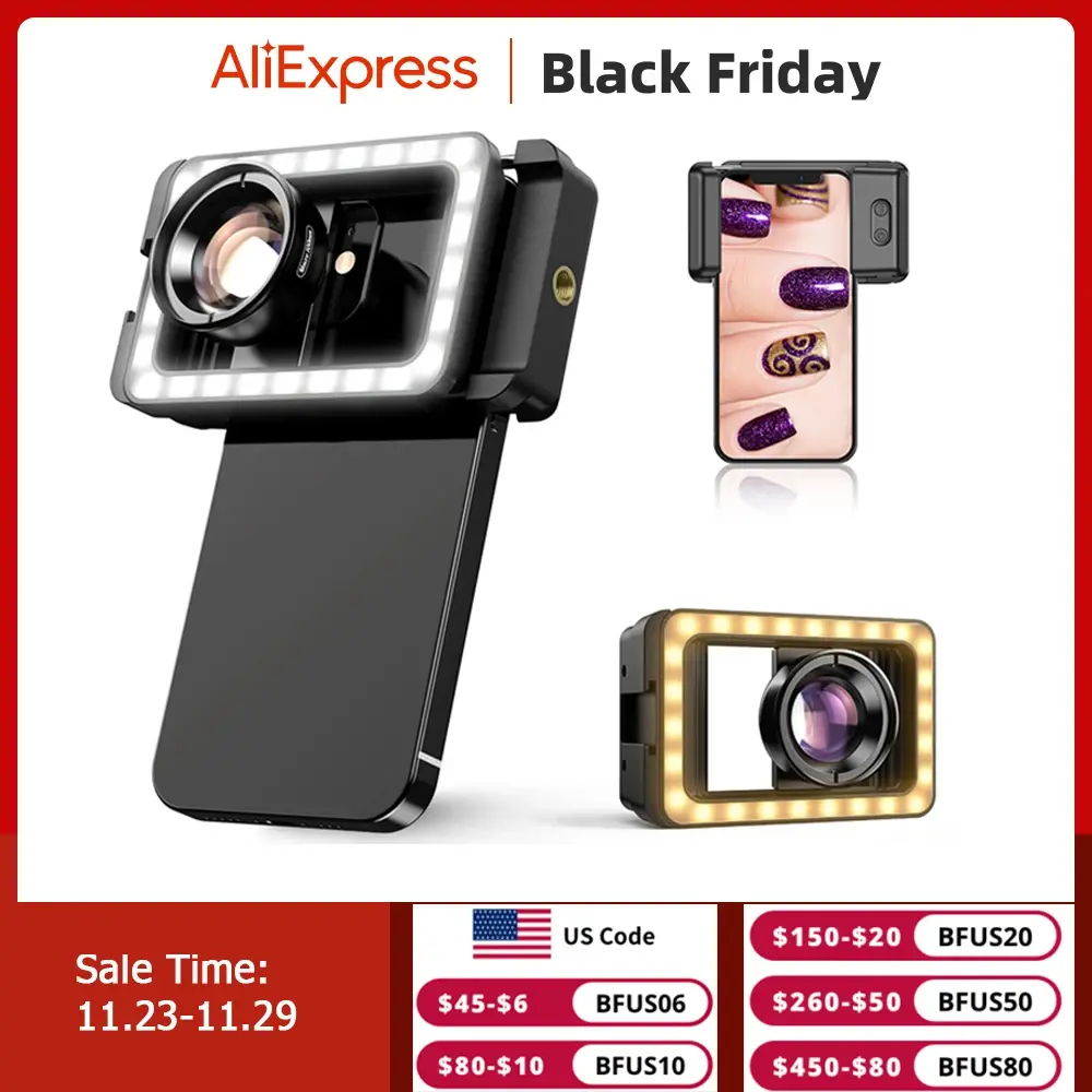 Kanta Makro, APEXEL, HD 4K, 100mm, dengan Lampu Isi LED, Pengapit Universal, Kanta Mikro, Serasi dengan iPhone dan Samsung, Sesuai untuk Semua Telefon Pintar