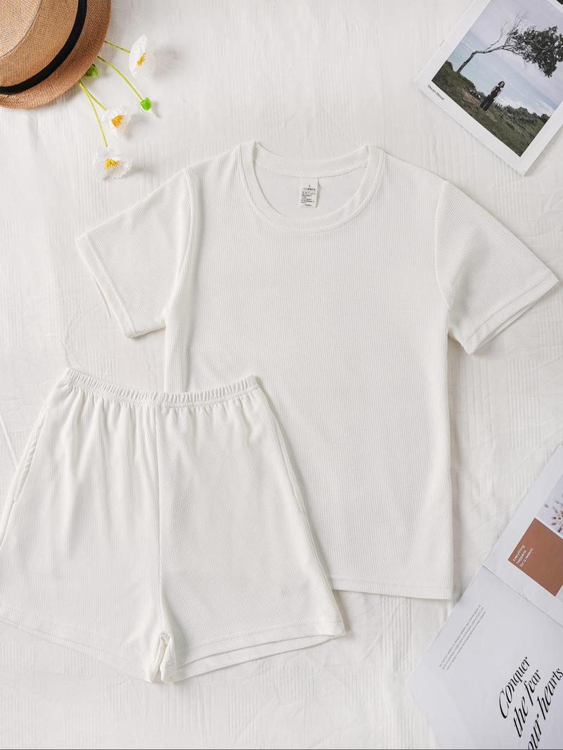 Product Introduction of Women's Solid Waffle Knit Lounge Set, Casual Comfy Short Sleeve T-shirt & Shorts Matching Pj Set, Ladies Sleepwear for Summer, Perfect Matching 7