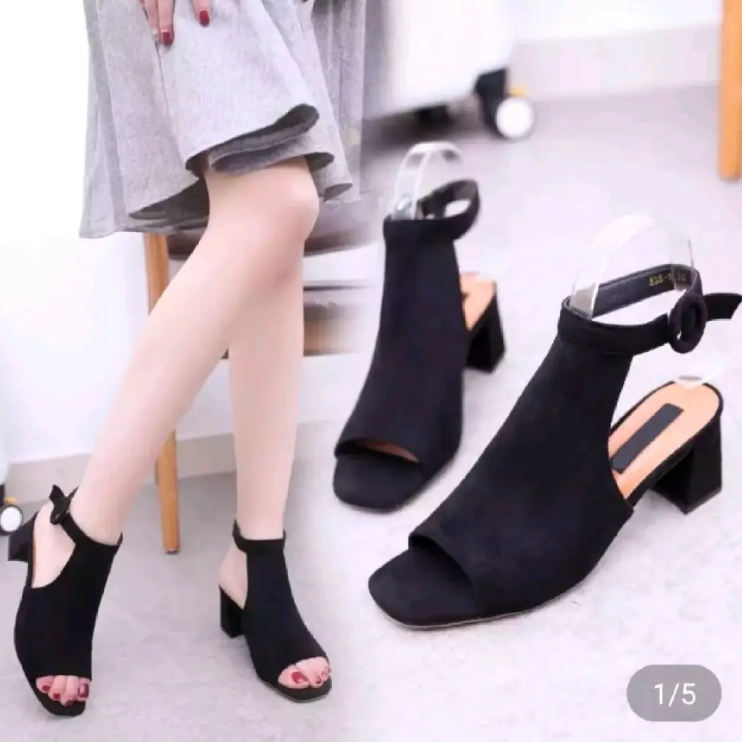 Sandal High Heels Wanita Hak 5 cm Suade Terbaru Kekinian Hitam Pink