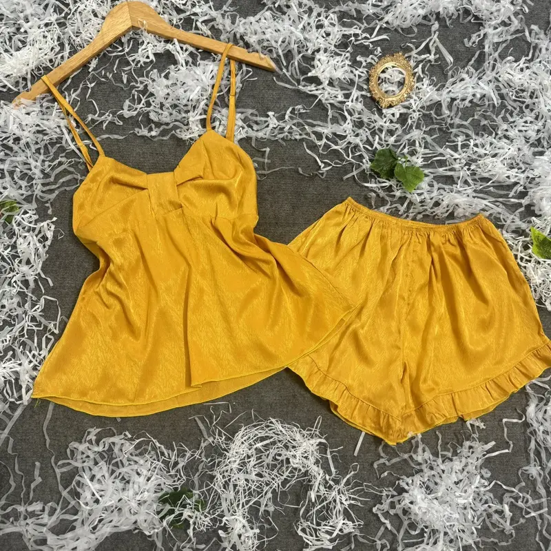 Bộ Đồ Ngủ Nữ 2 Dây Có tăng Chỉnh Xếp Nơ Quần Bèo Chất Vải Gấm Xước LB55 Nhung 6