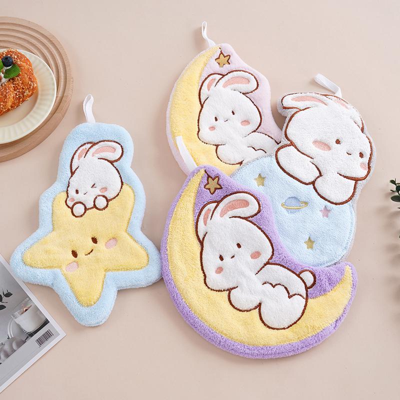 Product Introduction of Cute Rabbit Pattern Hand Towel Soft Hanging Towels Absorbent Coral  Towel Kitchen Bathroom Double-thickness Hand Towel 19