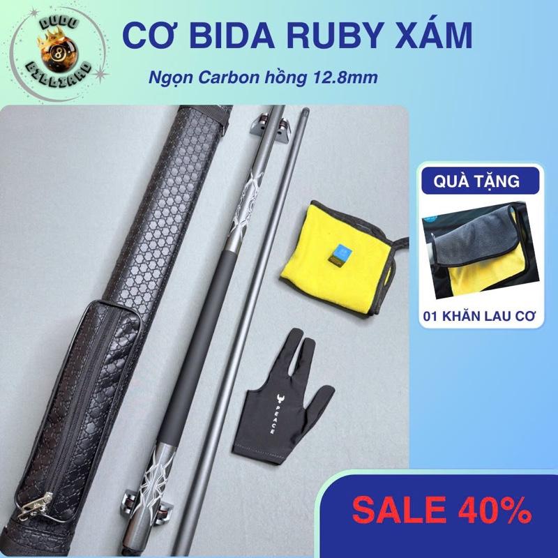 Cơ bida Ruby xám, Cơ phủ carbon sợi cao cấp - Đã lên kính trợ lực