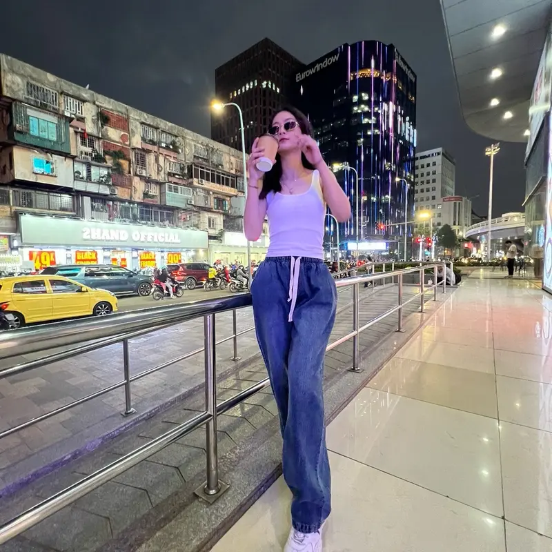 Quần Jeans Nữ Lưng Chun ống Suông Dây Rút Màu Dơ Free Size Dưới 65kg Tua Rua Ong Pants Women - Xưởng may Mỹ Nhung quan  jean qc 2