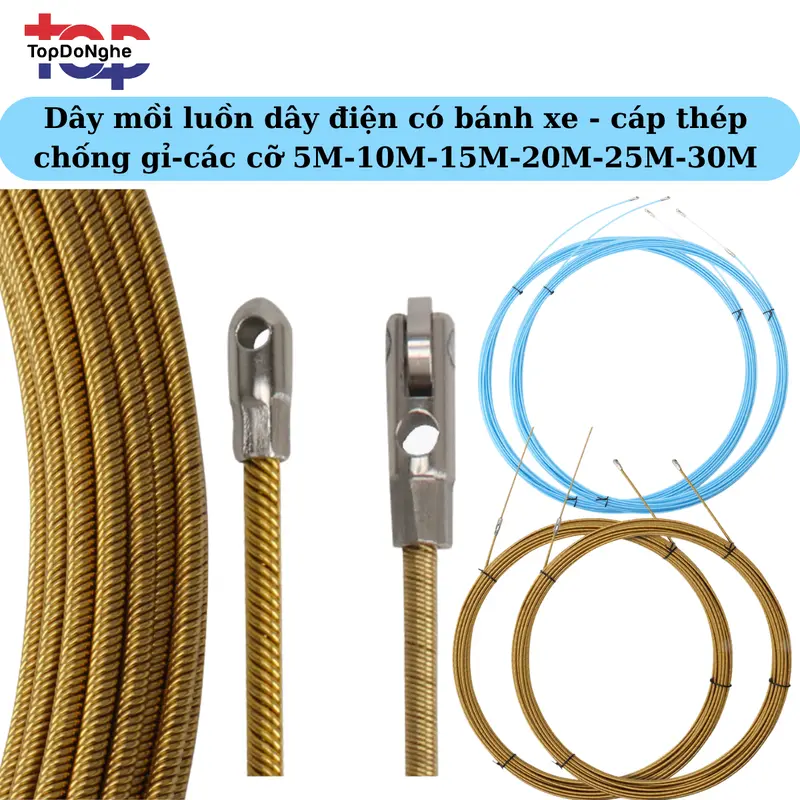Dây mồi luồn cáp dây điện màu đồng đầu có bánh xe luồn ruột gà, ống ghen 5M, 10M,15M,20M,25M 0