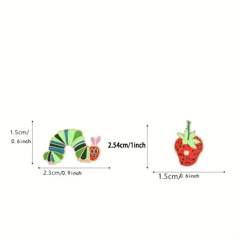 Caterpillar & Strawberry Design Metal Brooch (2 Counts), Cute Cartoon Badge for Clothes Backpack Hat, Enamel Pin Suitable for Backpacks, Jeans, Scarves, Hats Decoration Fixed Buckle, for Summer Clothes,  Teenage Girl Gifts 1