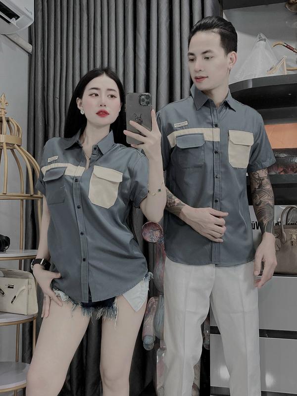 Áo sơ mi nam nữ phối màu sang trọng có túi hộp hai bên vải lụa mặt thoáng mát menswear Top Shirt
