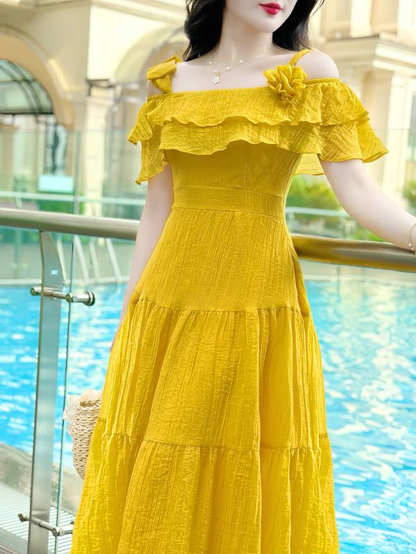 [MIỄN SHIP] MDU4126 Váy Tơ Xốp Nhăn Cao Cấp - Gam Màu Vàng Cùng Chi Tiết Đính Hoa Dịu Dàng Dành Cho Nữ Women Dress 4