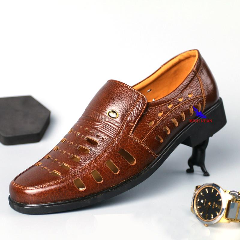 Giày rọ nam da bò cao cấp đẹp nguyên tấm đế khâu BẢO HÀNH 1 NĂM giày mùa hè đục lỗ thoáng khí giày lười nam da bò đục lỗ hàng hiệu giá rẻ H-15 màu nâu Men’s Summer Shoes