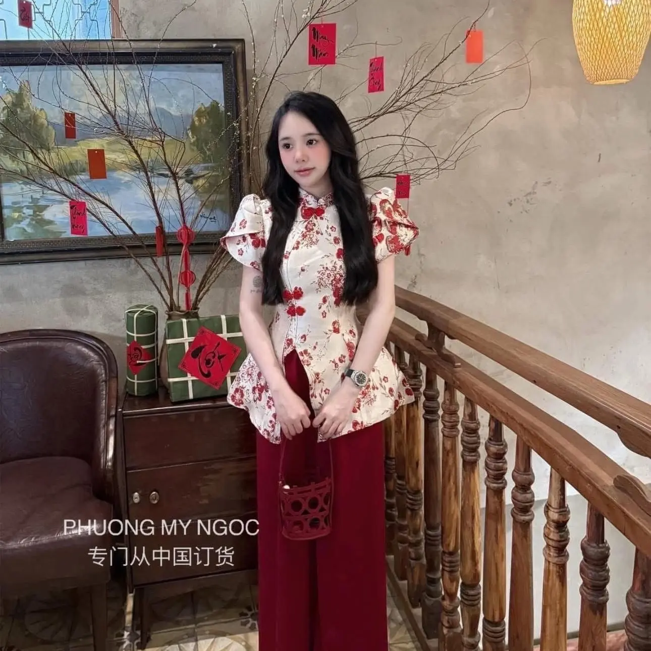 Set áo hoa mai CHIẾT EO + quần lụa xuông