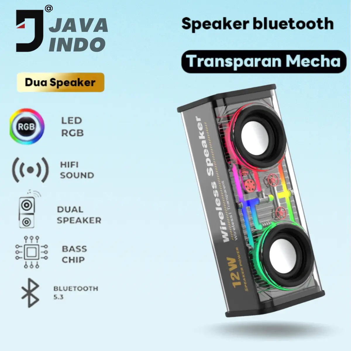 JAVA Mecha speaker bluetooth subwoofer meriam baja kecil transparan V8 ...