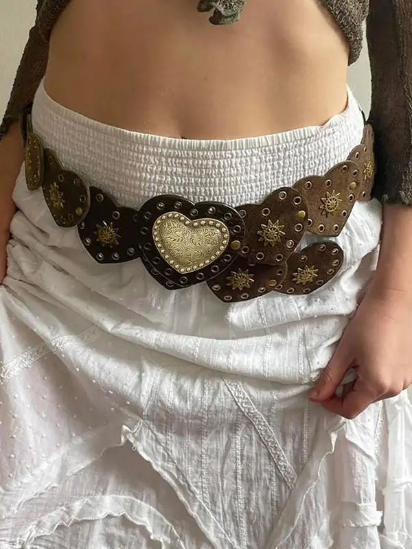 Women's Boho Style Heart Design Pu Buckle Belt, Vintage Ethnic Pattern Decorative Belt for Women, Daily Clothing Decor, Trendy All-match & Exquisite Belt for Birthday Gift 0