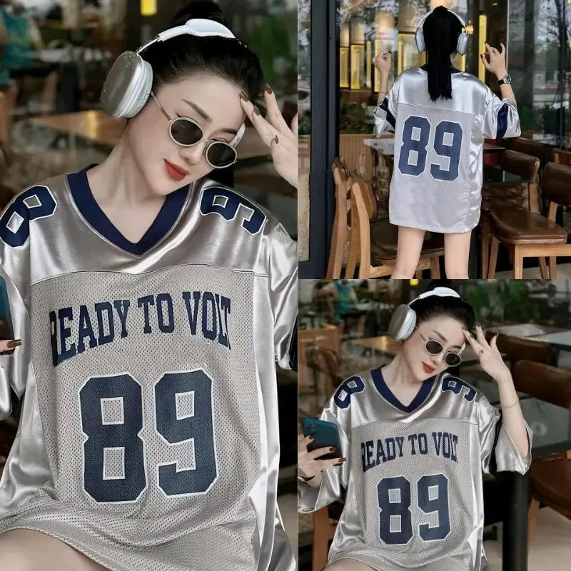 áo thun tay lỡ cổ tim  in số chất thun mát mới trẻ trung phong cách Cổ Tròn Women