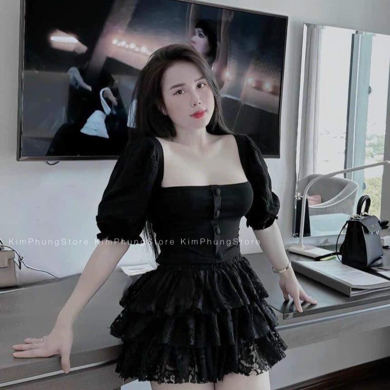 SÉT ÁO CỔ VUÔNG NÚT BỌC TAY PHỒNG+CHÂN VÁY TẦNG. 5