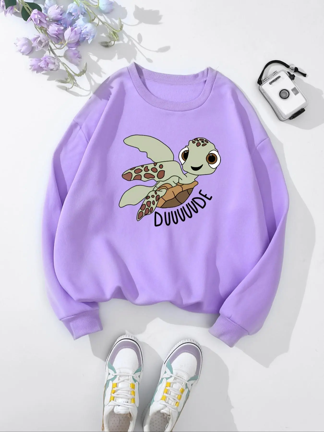 Women's Cartoon Turtle & Letter Print Crew Neck Sweatshirt, Casual Long Sleeve Pullover for Fall & Winter, Women's Clothes for Daily Wear