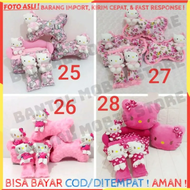 SET CAR BANTAL HEADREST SANDARAN KEPALA LEHER JOK TISU TISSU TISUE TISSUE SABUK PENGAMAN SAFETY BELT KURSI MOBIL BONEKA KUCING CAT HELLO KITTY PINK MUDA TUA PUTIH 3 G