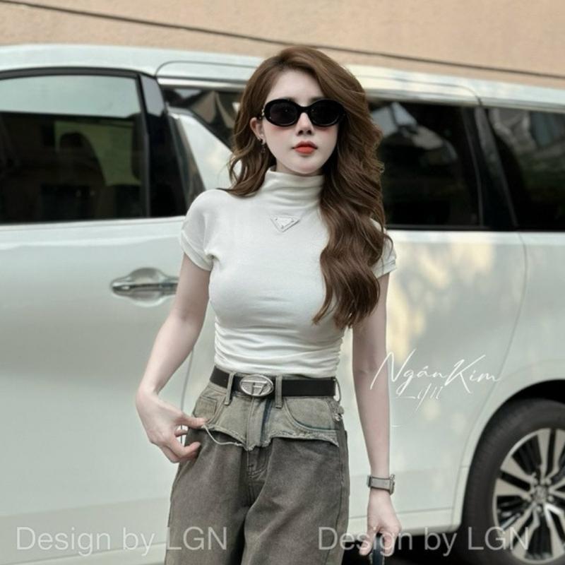  Áo croptop cổ lọ kiểu tay ngắn nữ ôm body trắng đen đẹp cao cấp giá rẻ VANISA PA2244 