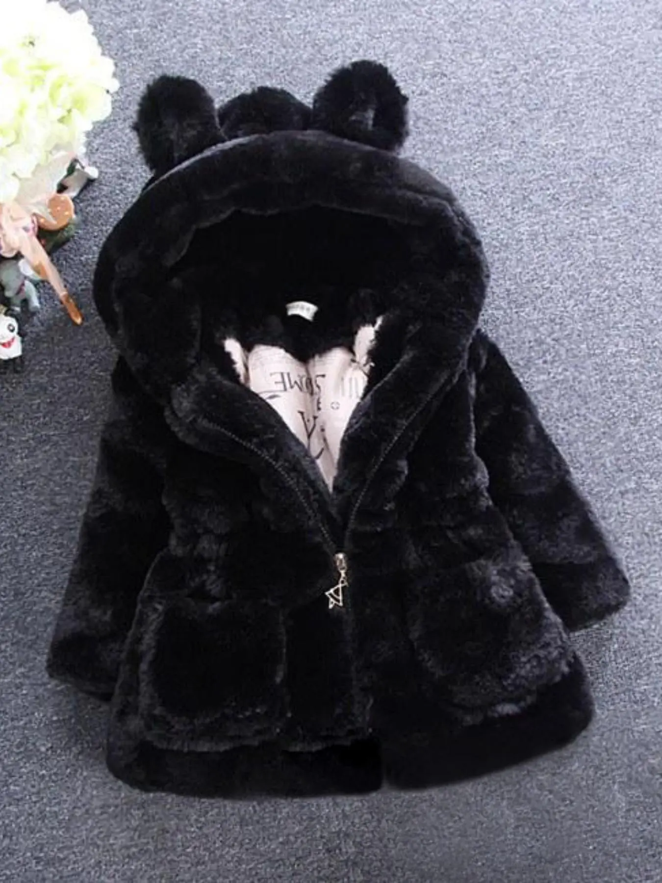 Girl's Solid Color Hooded Winter Coat, Cute 3D Rabbit Ear Design Warm Outerwear for Fall & Winter, Kids Clothes for Daily Wear
