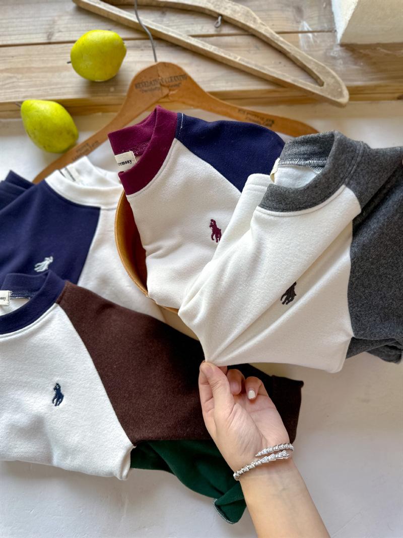 Product Introduction of Children'S Base Shirt 2023 Autumn And Winter Edition, Boys And Girls Color Blocked Raglan Sleeve T-Shirt, Baby German Velvet Long Sleeved Inner Layer 42