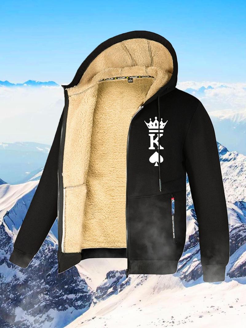 Product Introduction of Men's Regular Fit Letter Print Drawstring Pocket Zip Up Hooded Jacket, Casual Long Sleeve Thermal Lined Outerwear for Fall & Winter, Men's Clothes for Outdoor Activities 1
