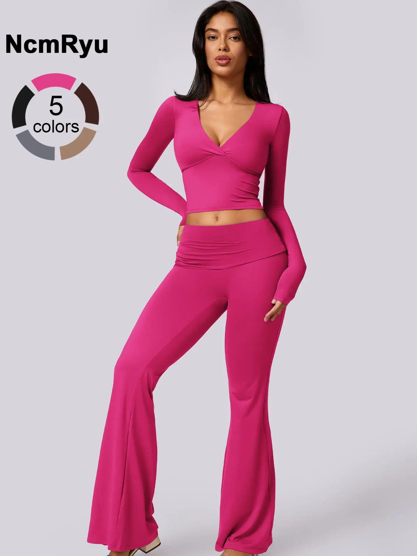 Women's Solid Deep V Neck Long Sleeve Tee & High Waist Flare Leg Pants Tracksuit Set, Sporty Casual High Stretch Comfy Breathable Outfits for Yoga Gym Workout Running Cycling, Ladies Sportswear for All Seasons, Gym Wear, Flared Yoga Pants