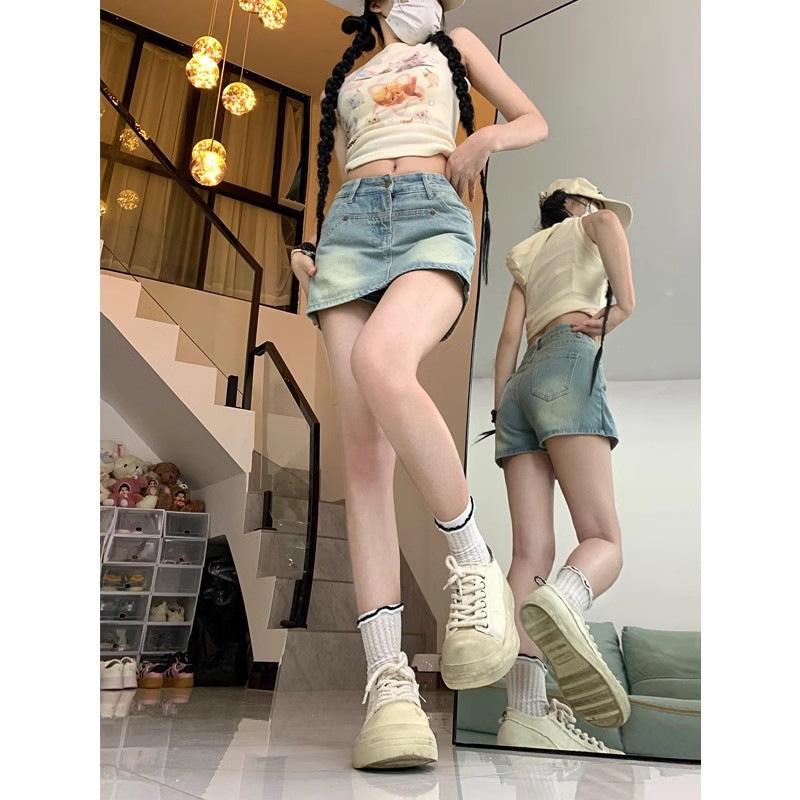 Chân Váy Denim, Ngoại Cỡ, Dành Cho Cô Gái Đầy Đặn, Chân Váy Chữ A, Cạp Cao, Phong Cách Cô Gái Nóng Bỏng, Quần Short Bó Sát, Hàng Mới Về Mùa Hè Của Phụ Nữ, Chân Váy 3