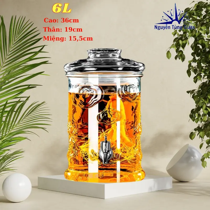 Bình Ngâm Thủy Tinh Dáng Trụ Có Hoa Văn Rồng 6 Lít  ( DUNG TÍCH THỰC 5.2 LÍT ) 1