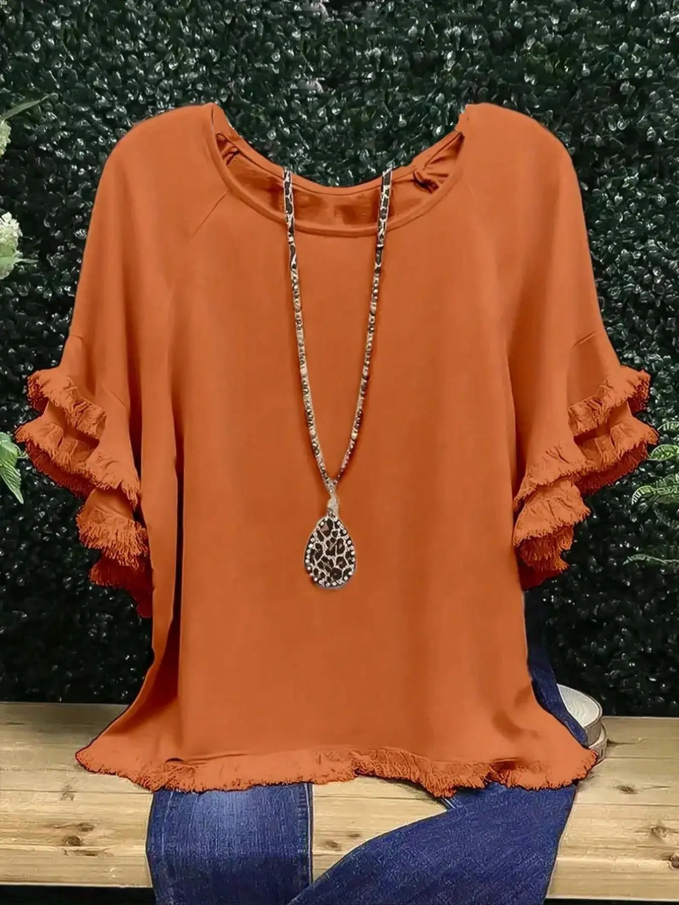 Plus Size Fringe Trim Ruffle Layered Sleeve Tee, Casual Short Sleeve Round Neck T-shirt for Summer, Women's Plus Clothing for Daily Wear