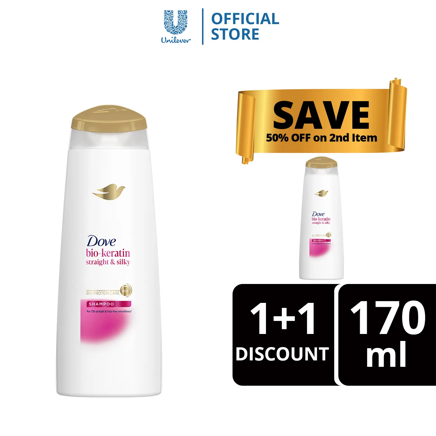 Dove Bio-Keratin Straight and Silky Shampoo 170ml Buy 1 Get 2nd at 50% OFF for Straight, Smooth Hair against Frizz with Bio Protein Care