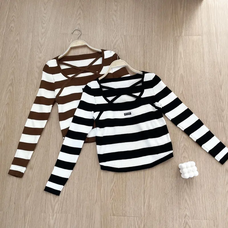 MODAMYTH BT001 - Atasan Knit Lengan Panjang Wanita Korean Style Top Rajut Stripes Knitwear 1