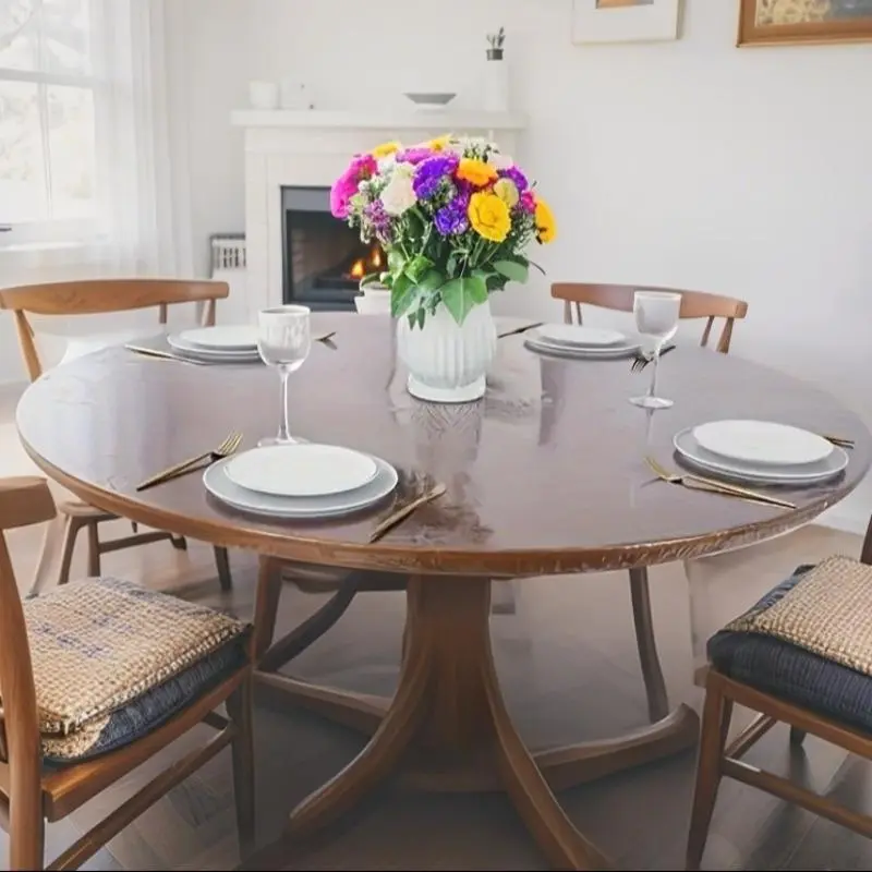 Modern Round Clear Tablecloth, 1 Count Waterproof & Oil-proof Tablecloth with Elastic Edge Design, Home Table Decoration Supplies for Dining Room & Kitchen