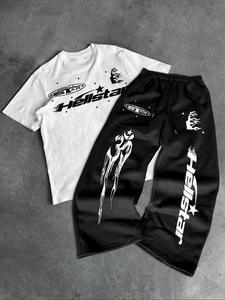 Men's Colorblock Letter Graphic Print Crew Neck Shortsleeve Tee & Drawstring Waist Pants Two-piece Set, Regular Fit Casual Comfy Street Fashion Short Sleeve Round Neck T-shirt & Pocket Trousers, Men's Clothes for Daily Wear