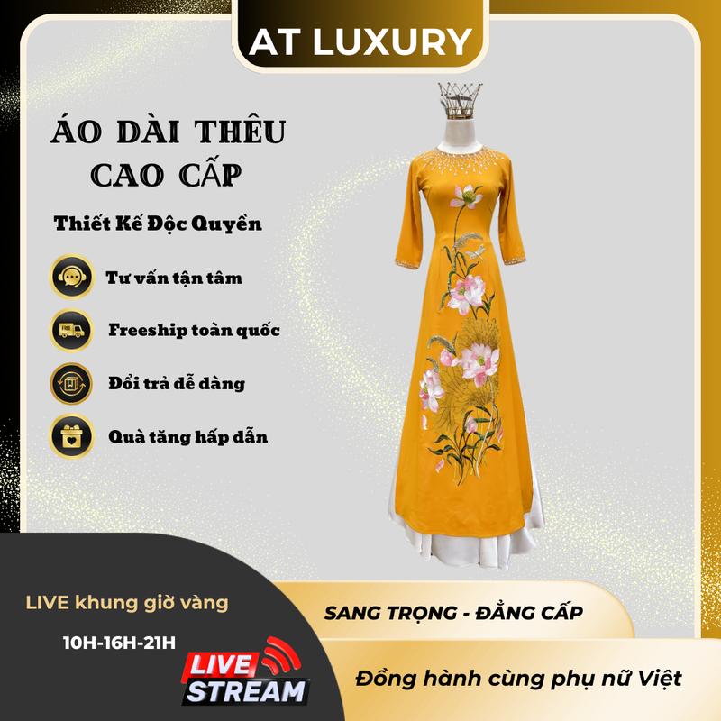 Áo dài lụa mango vàng thêu hoa sen cổ tròn dành cho các mẹ sui dự tiệc sang trọng Dress Flower