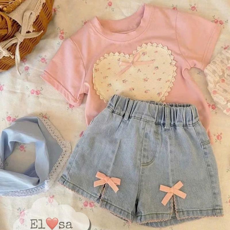 Quần áo bé gái - SET ÁO TIM HỒNG QUẦN BÒ CỘC ĐÍNH NƠ Siêu Xinh cho bé 1-8 Tuổi