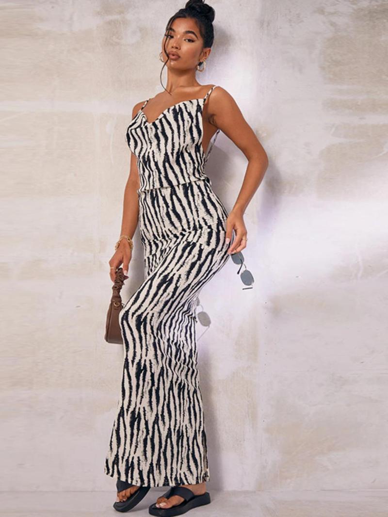 Product Introduction of Women's Zebra Stripe Print Backless Cami Dress, Adjustable Strap Cowl Neck Maxi Dress for Beach Holiday Vacation, Summer Dresses, Ladies Clothes for All Seasons Valentine's Day, gift 1