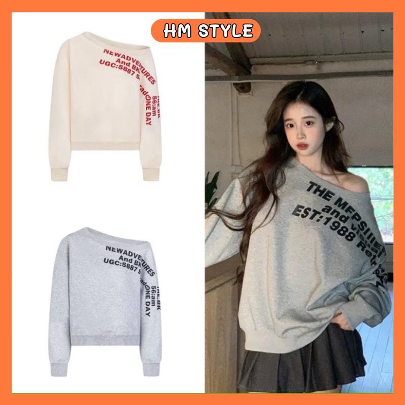 Áo nỉ lệch vai in chữ 1988 áo nỉ sweater form rộng chất nỉ bông phong cách HQ HA195 Nữ Women Hoodie Top