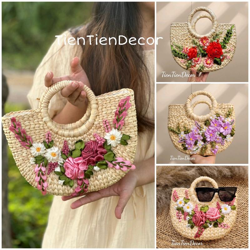 Túi cói lục bình ngang 25 cm có lót vải và khóa kéo cho nữ