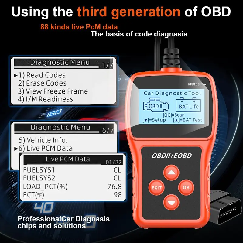 OBD2 Scanner, Car Diagnostic Tool, OBD2 Scanner Live Data Code Reader, Check Engine System Multi-language Battery Tester 6